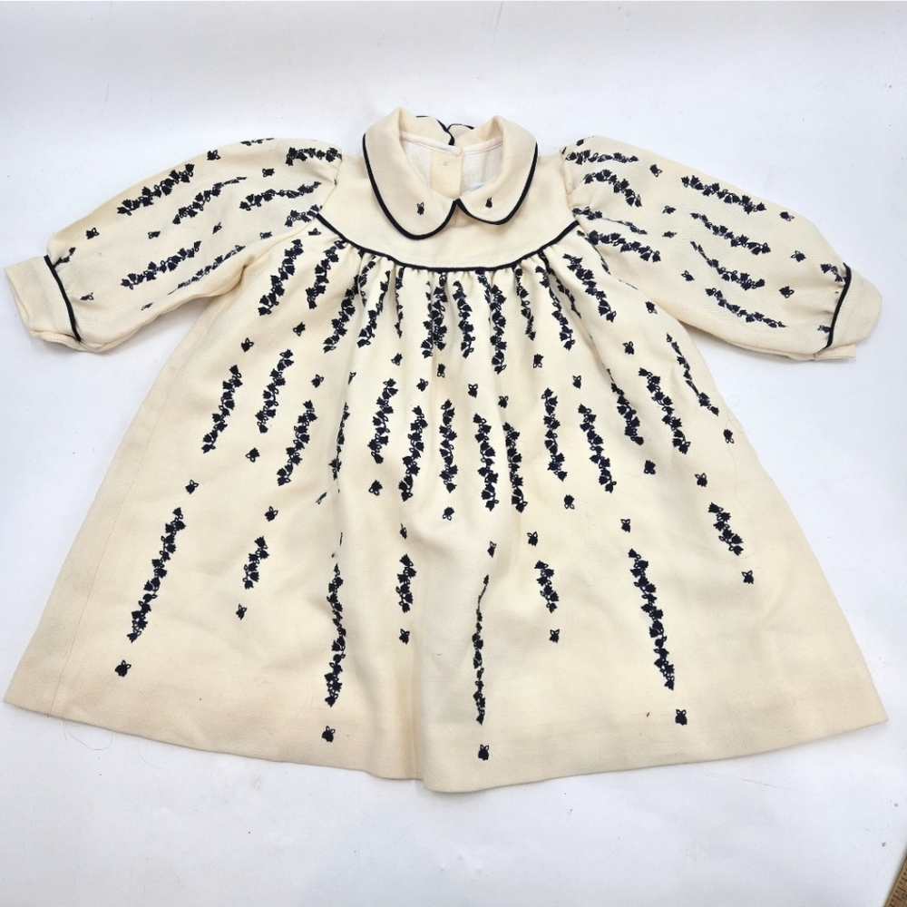 Belati Girls Dress‎ Cream Wool Navy Embroidered